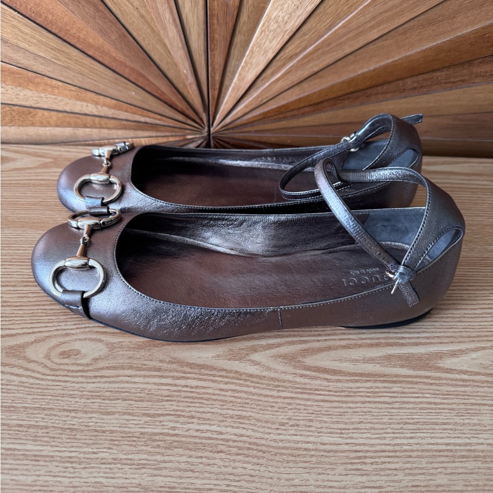 Gucci Horsebit Women 7B Ballet Flats Shoes Bronze Pewter Ankle Strap Mary Jane - Picture 2 of 11